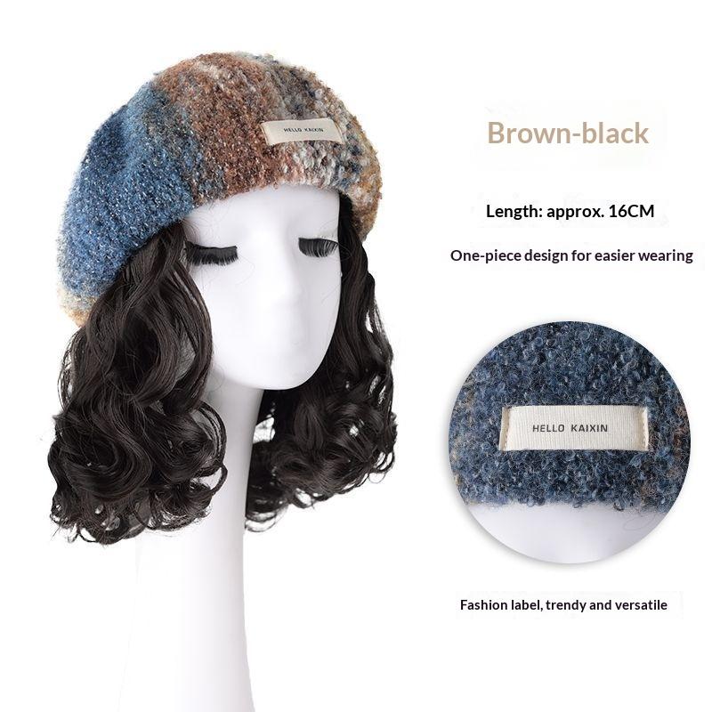 Women's Hat Fall and Winternew Arrival Oil Painting Style Beret Wig Hat Lazy Elegant Pear Flower Curly Full Head Wig Hat