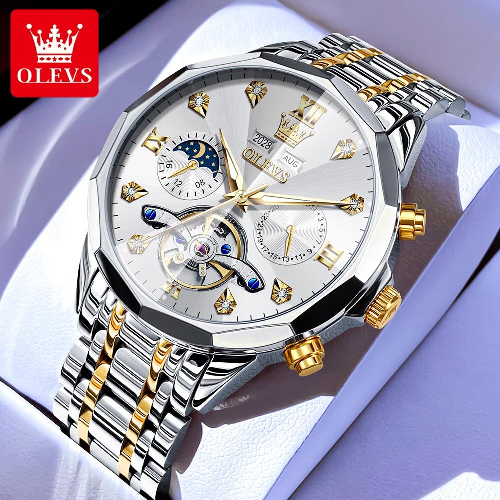 OLEVS 6621 Mens Skeletonized Flywheel Wristwatch Dual Calendar Moon Phase Waterproof Automatic Mechanical Luxury Watch Man