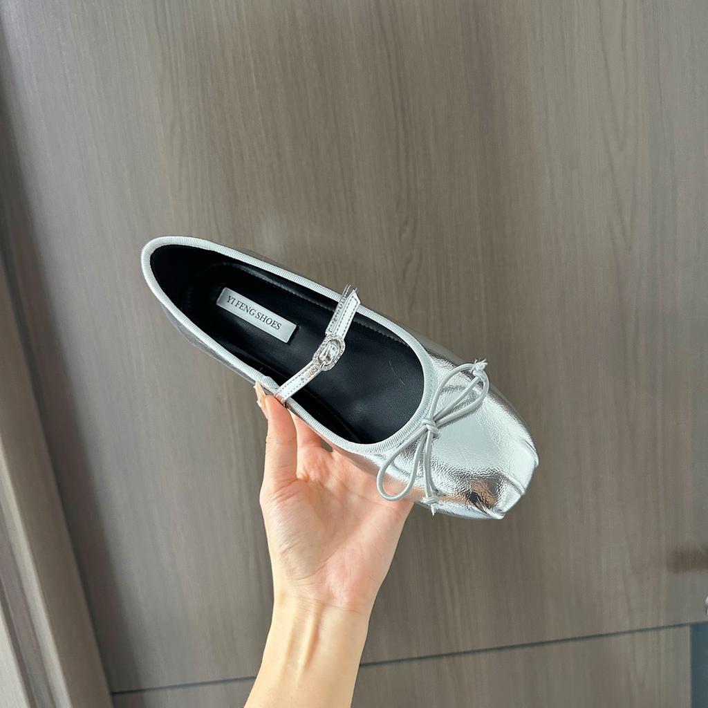 Silver ballet shoes increase height by 4 cm French one-word rhinestone belt Spring and summer 24 new square round head shallow mouth women's shoes