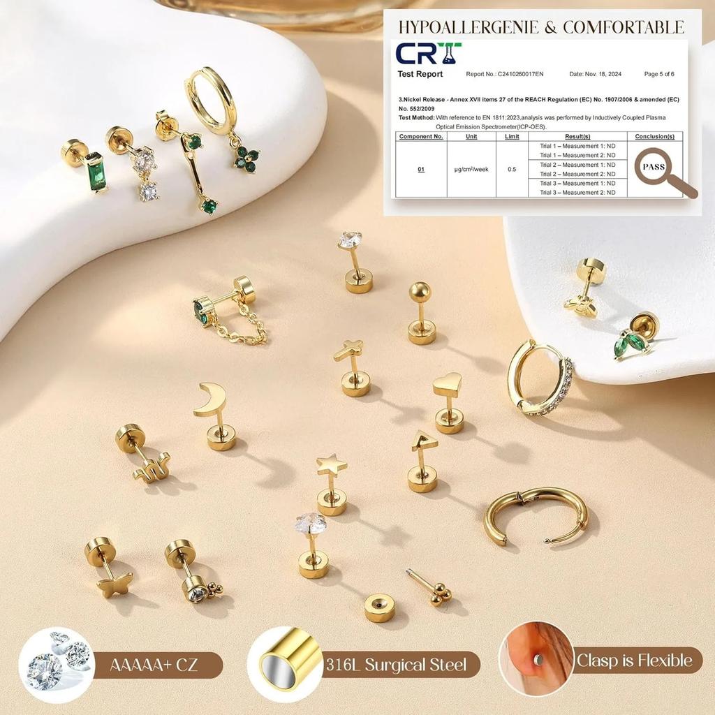 Bobisty 21 STK Flache Ohrstecker für Damen Chirurgenstahl Ohrringe 14K Vergoldet Stecker Creolen Stapelbar Knorpel Helix Piercing St