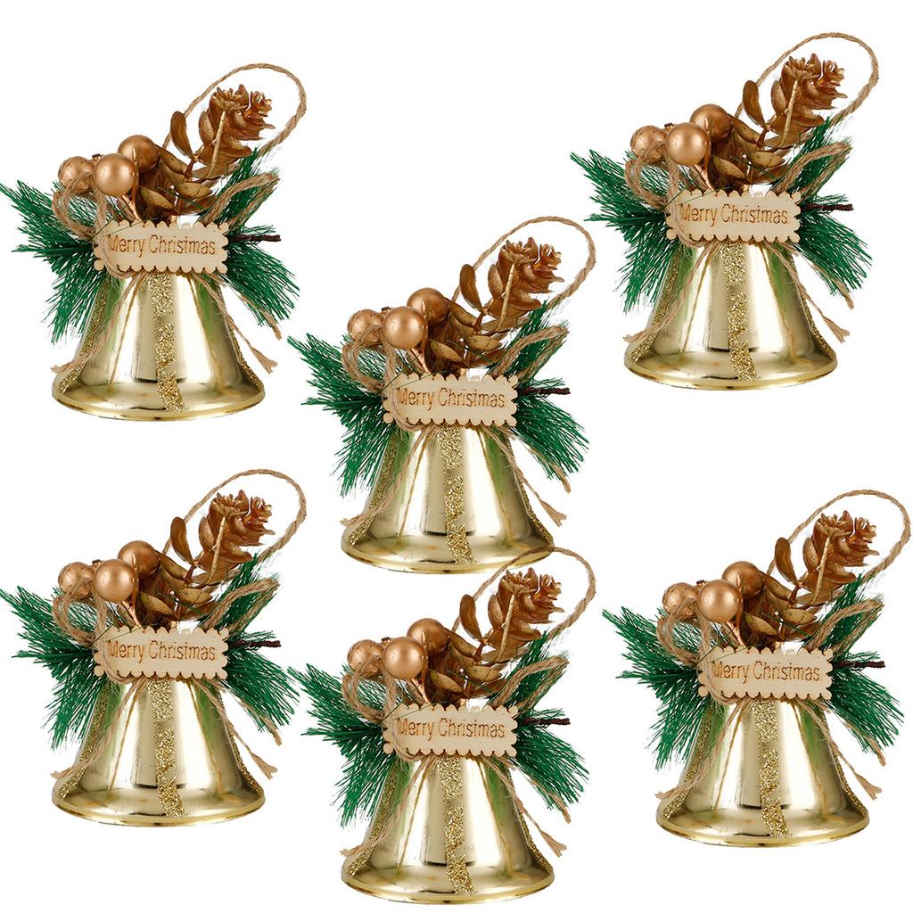 Mehrzweckpackung mit 6 Weihnachtsglocken-Ornamenten. Robuste Dekoration aus Metall und Holz für festliche Wohnaccessoires
