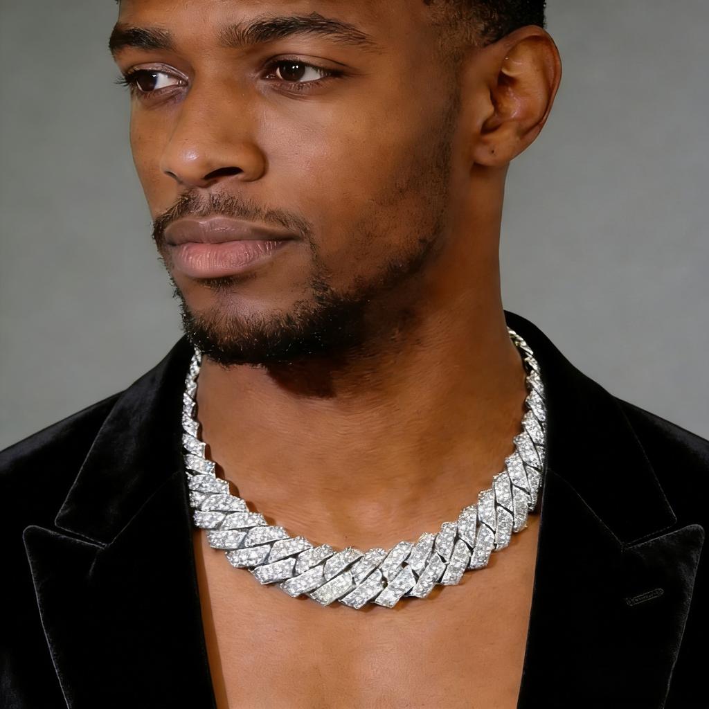 Herrkedja Miami kubansk länk med dubbla rader strassstenar | 15 mm bred, kraftig, 20-24 tum lång, present till honom/henne