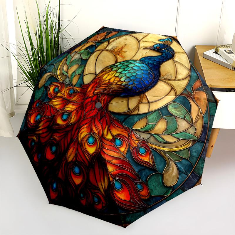 0106 Glass Window Peacock  pattern, automatic folding umbrella, portable and foldable design, 8 ribs, a Christmas or birthday gift.