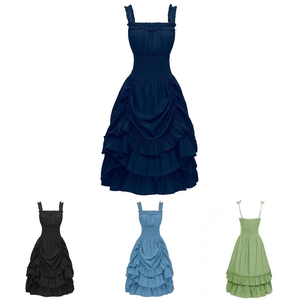 Halloween Medieval Fantasy Costume Dress With Ruffled Sleeveless Design For Theater Performances