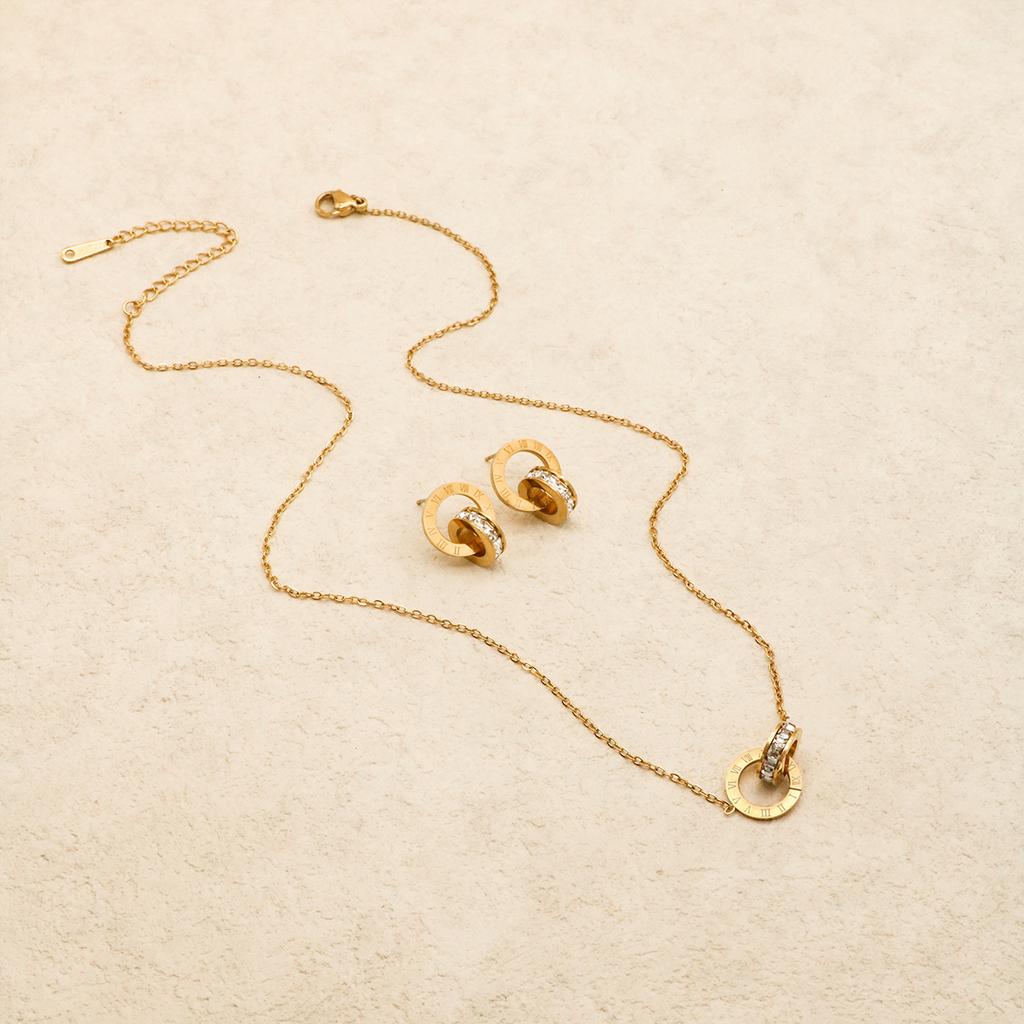 3pcs  Double Ring Creative Earrings Advanced Roman Digital Zircon Necklace Romantic Women’s Stainless Steel Jewelry Set