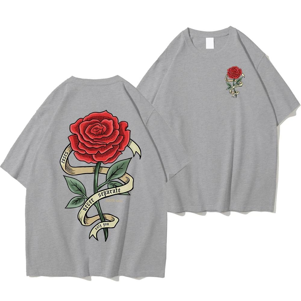 Red Roses Wrapped In Ribbons Print Clothes Men Cotton Breathable Tee Clothes Unisex Oversized Casual Loose T-Shirts Short Sleeve