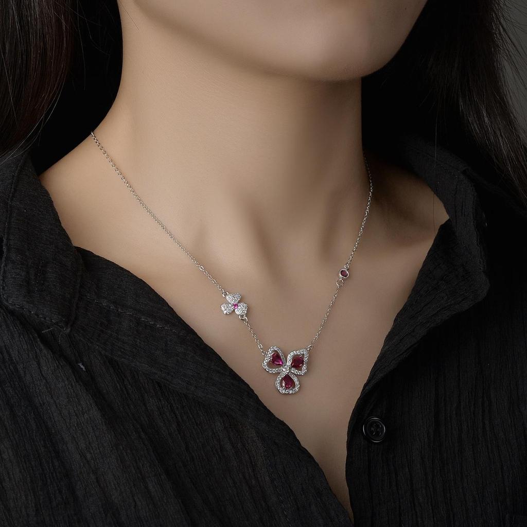 European Three-Leaf Gemstone Jewelry Set: Diamond-Inlaid Necklace, Earrings, Ring for Women - Luxurious, Fashionable, Versatile