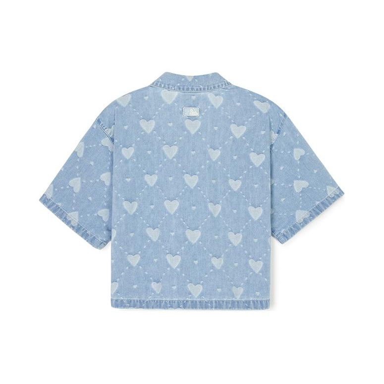 MLB SS24 New York Yankees Heart Jacquard Letter Embroidery Single-Breasted A-Line Denim Short Sleeve Shirt Women Shirts Light-Blue 3FDRH0243-50BLL