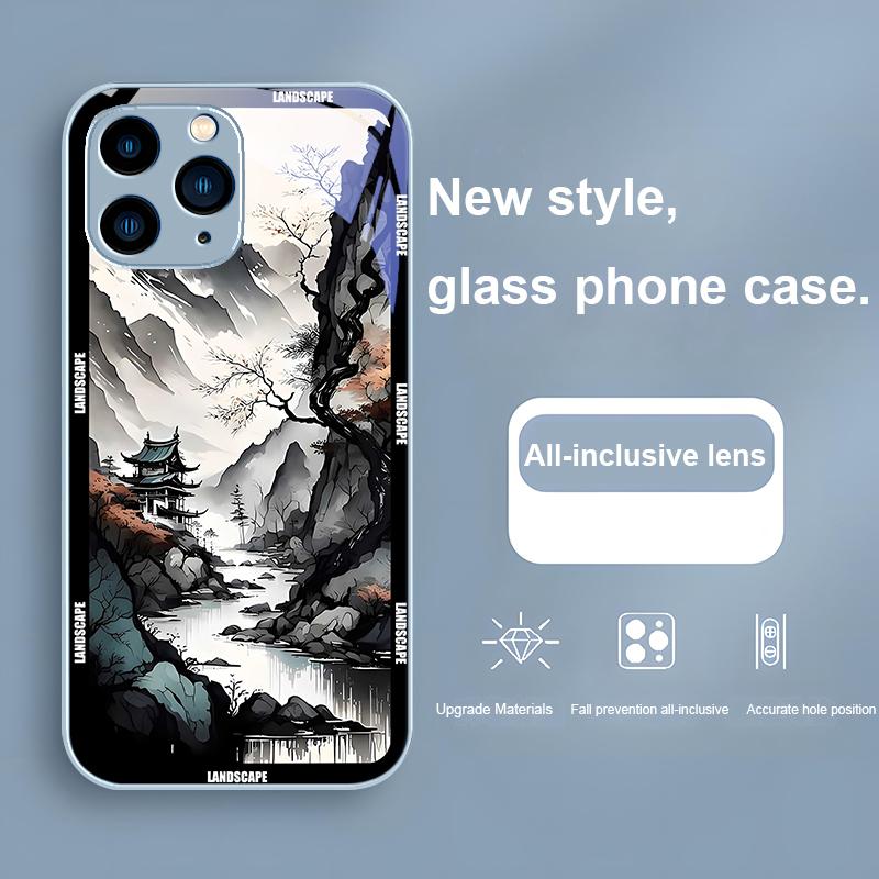 Chinese Landscape Painting For Iphone 16 Plus 15 14 13 12 Mini 11 Pro Max X XS XR 7 8 Plus 2022 Tempered Glass Phone Case