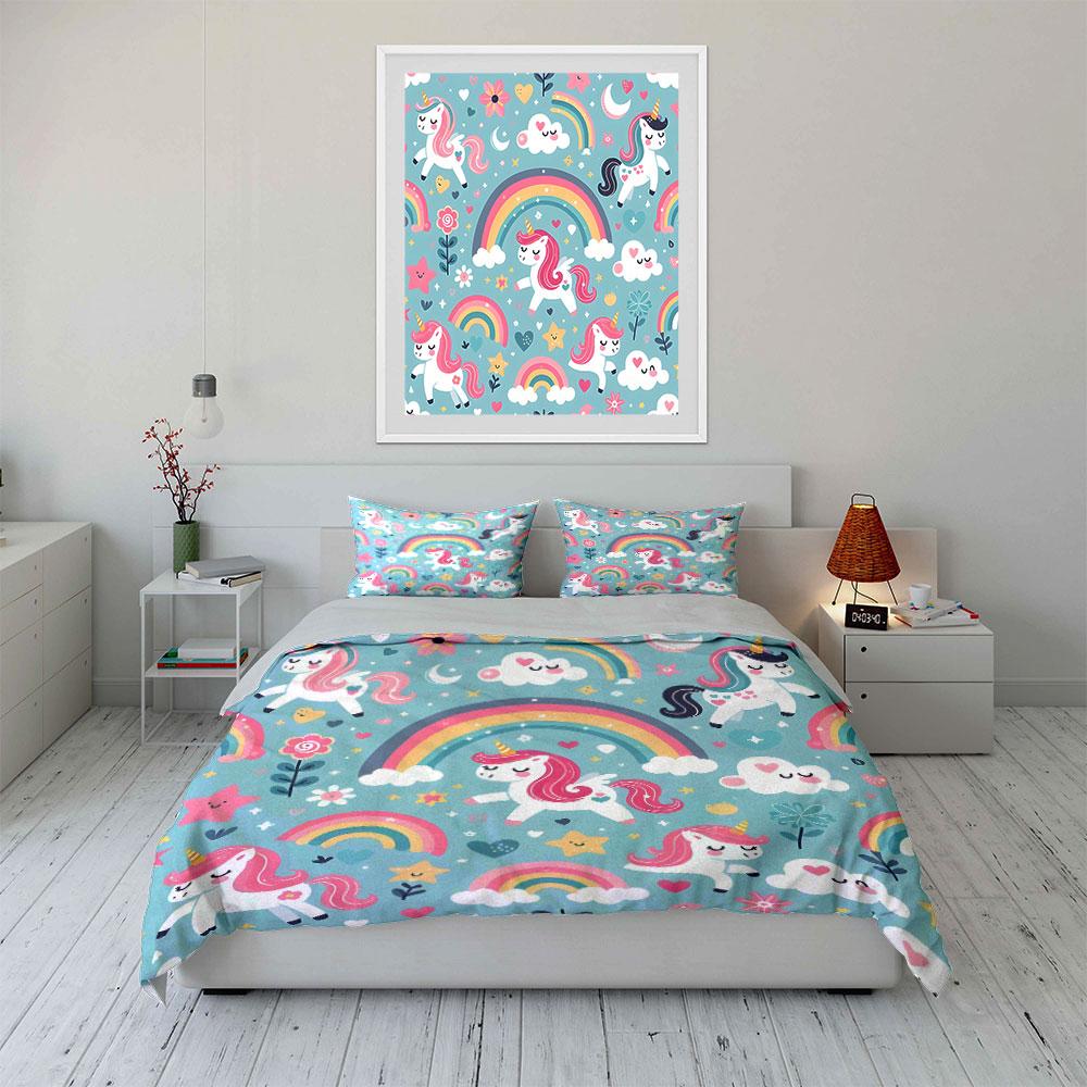 Fantasy Pink Unicorns And Rainbows Print Bedding Set 1 Duvet Cover 2 Pillowcases For Adult And Children Luxury Gift Full Size