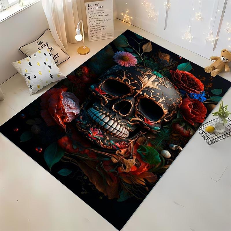 Colorful Skull and Floral Pattern Carpet, Dark Gothic Decorative Rug Suitable for use as an anti-slip for living room bedroom sofas