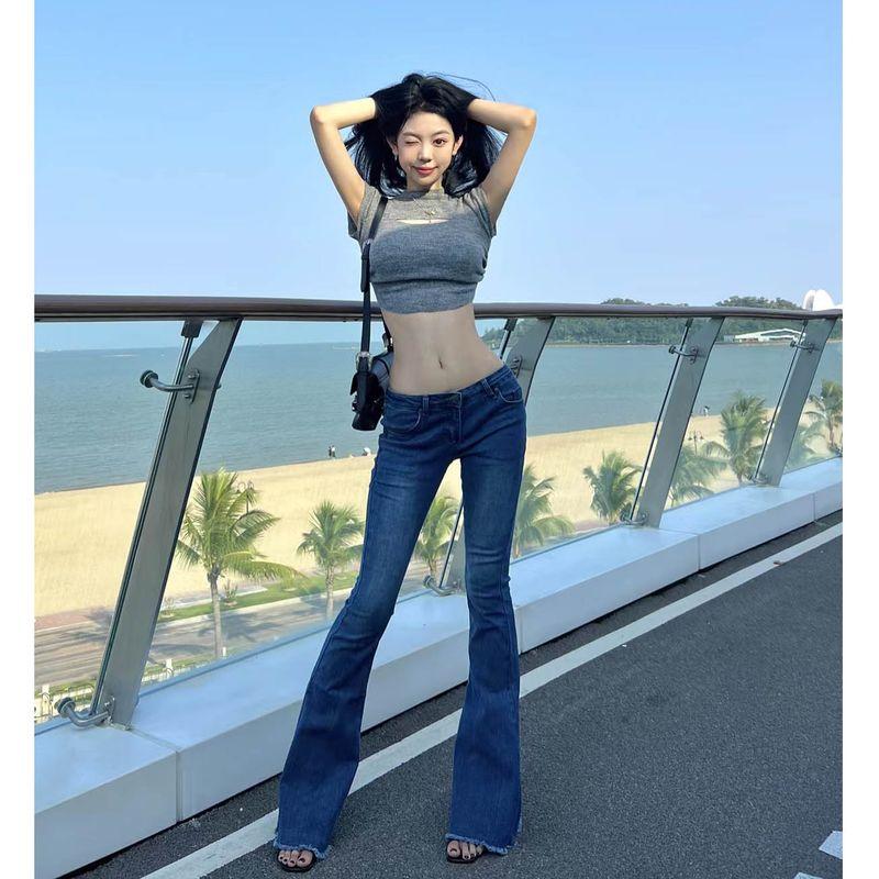 

Low Waist Frayed Horseshoe Denim Women 2025 New Arrival Silm Slim Looking Niche Design Mop Flared Pants Low waist Denim XS