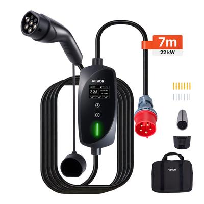 Mobile Wallbox, 22 kW 32A, Type 2 Portable EV Charger, 3 Phase Electric Vehicle Car Charger with 7 M Charging Cable, CEE32 Plug, LCD Screen