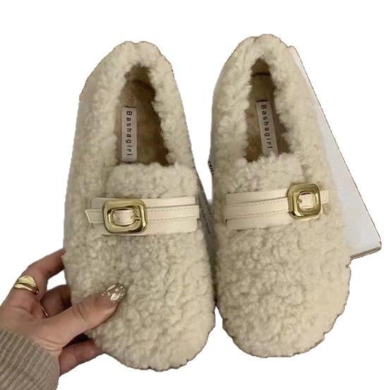 Xiaoxiangfeng lamb fleece-soled fluffy shoes for women's outer wear 2025 autumn and winter new belt buckle soft-soled Doudou maternity cotton shoes