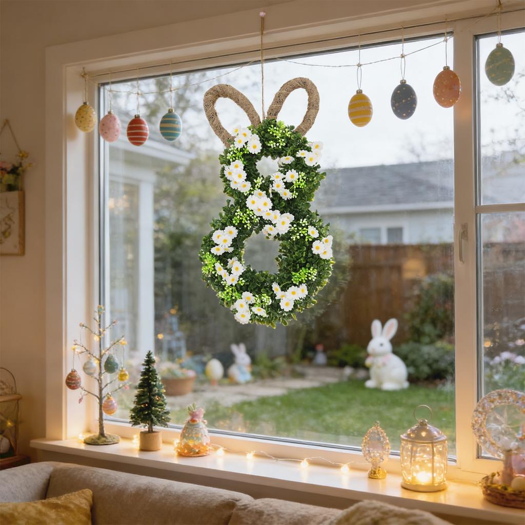 50*25cm Easter Bunny Wreath With Flowers, Bunny Shaped Pendant, Front Door Decoration