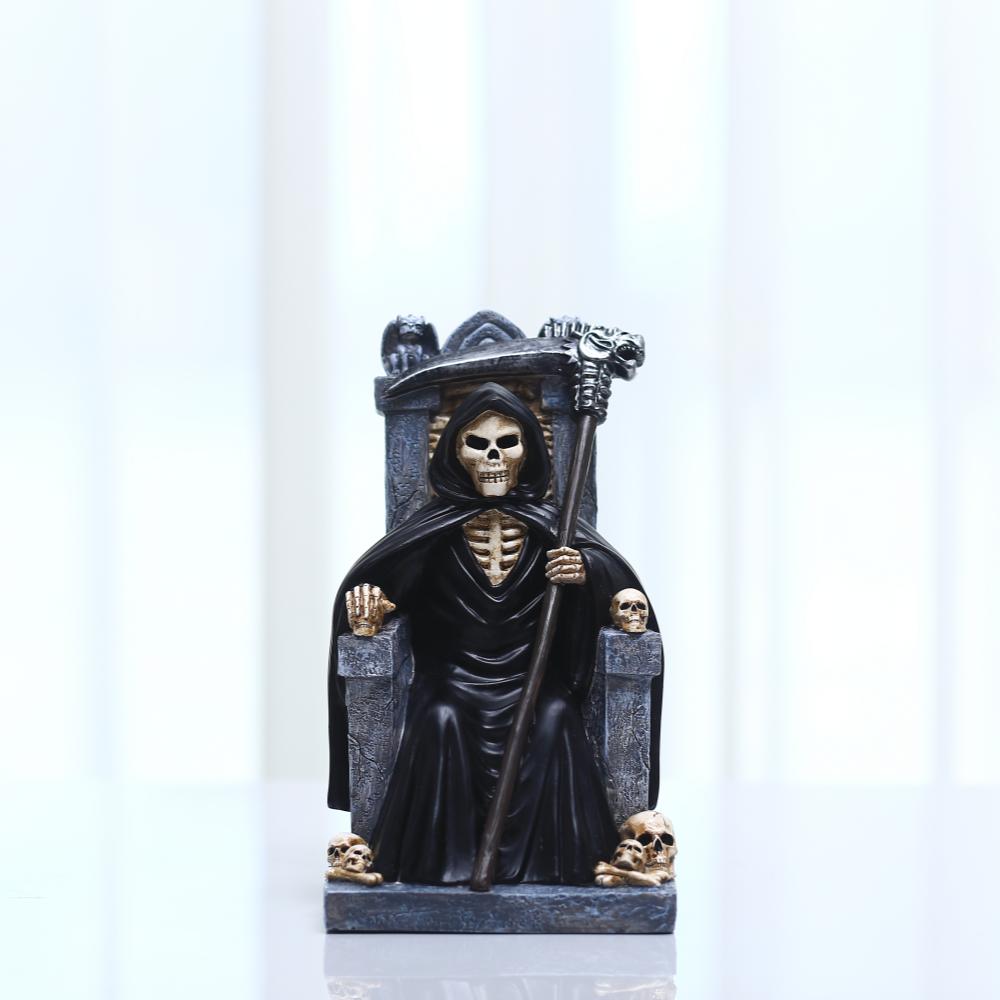 Death God Statue Halloween Decoration Resin Skeleton Throne Figurine Halloween Home Party Horror Skull Head Table Ornament Gift