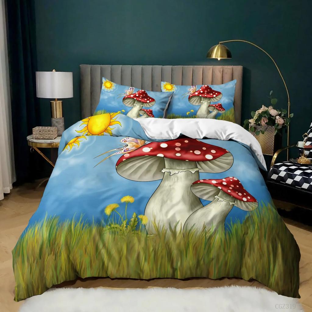 Mushroom Duvet Cover King Queen Size Magic Forest Colorful Cute Psychedelic Mushrooms Polyester Bedding Set for Kids Multicolor