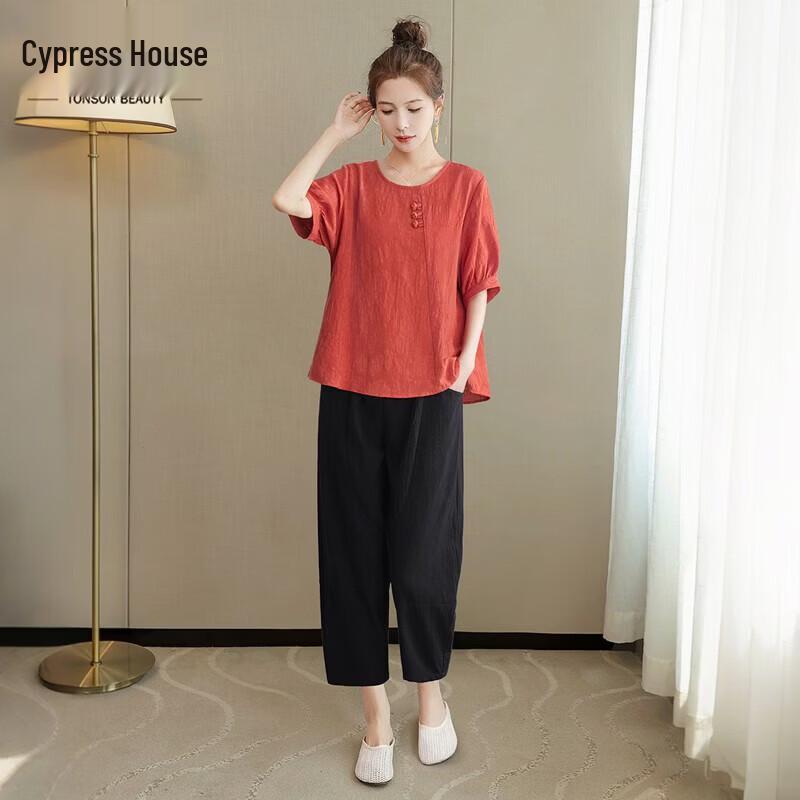 

Women s Pure Cotton Color-block Short Sleeve Top & Pants Set S