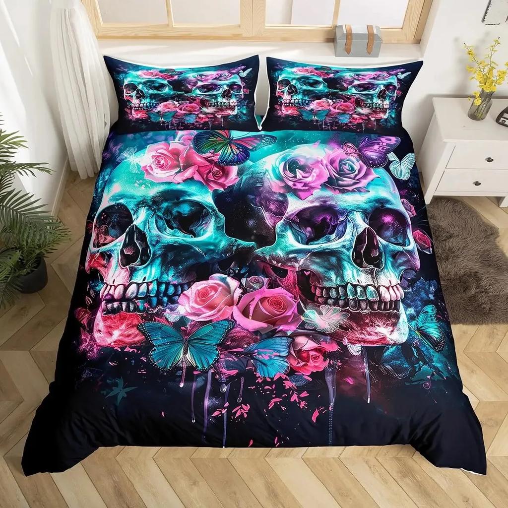 Sugar Skull Lover Duvet Cover King Kissing Couple Skeleton Bedding Set Red Rose Comforter Cover Death And Love Theme Quilt Cover
