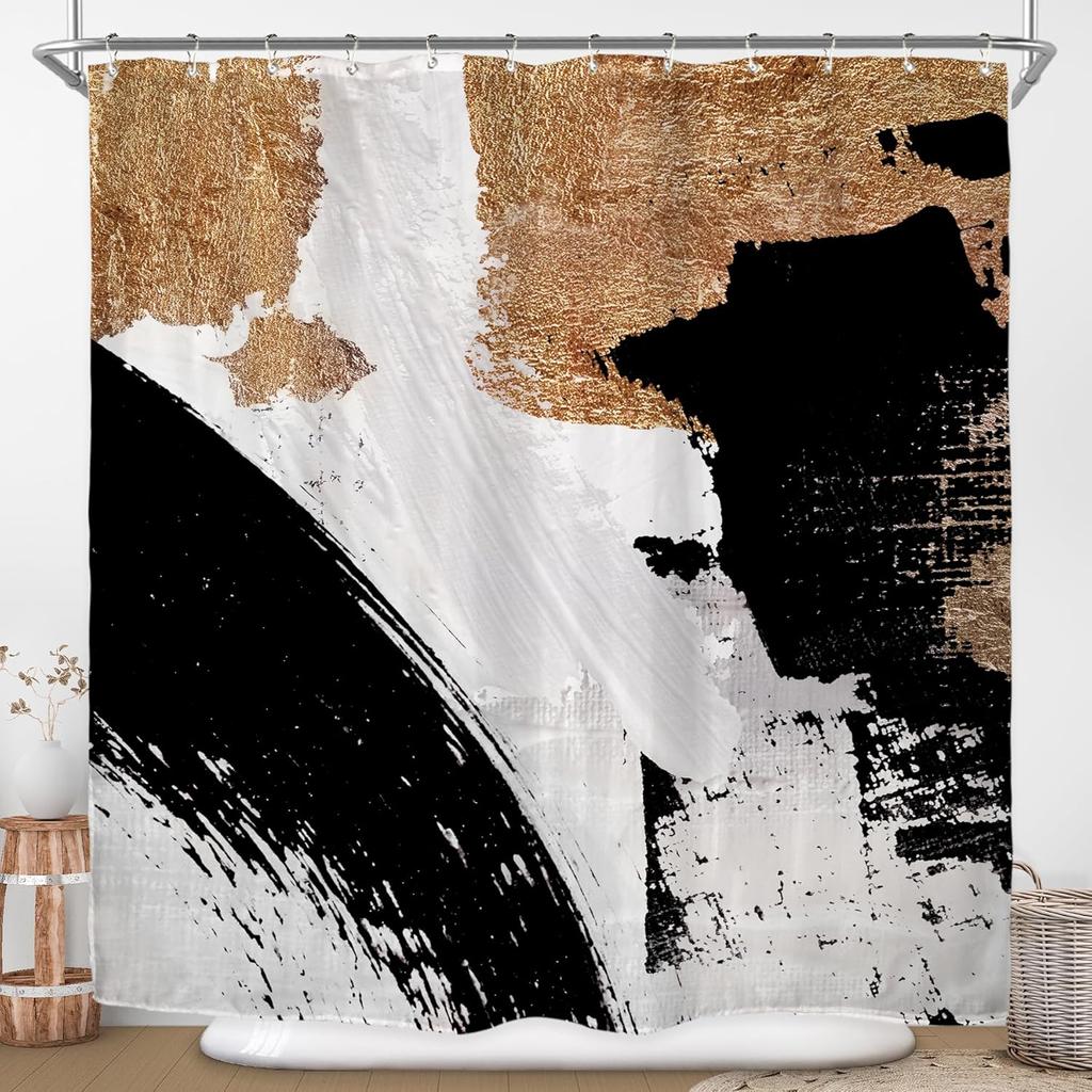 Black Shower Curtain Bathroom Decorative Abstract Modern Art Printed Shower Curtain Waterproof 12 Pack Plastic Hook