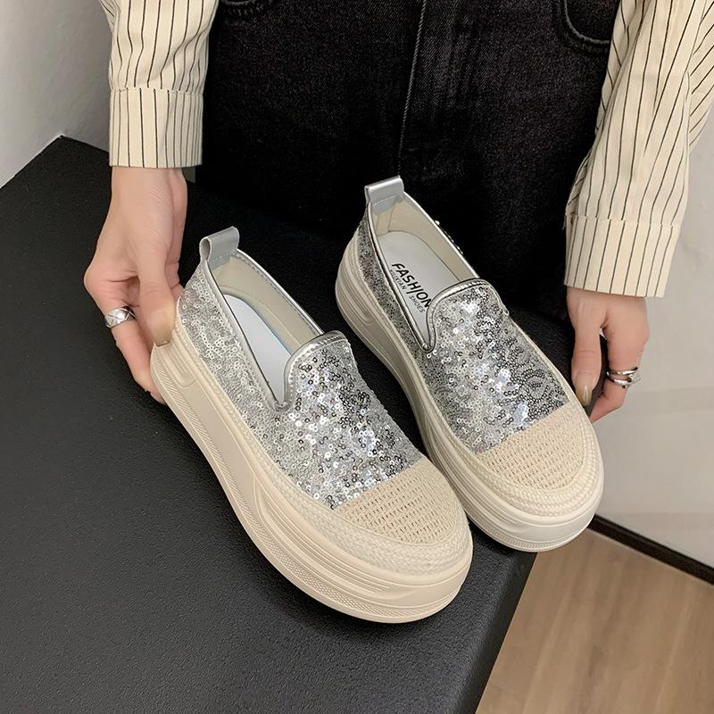 Spring 2024 New Thick-soled Sequined Fisherman Shoes Tide Korean Version of Versatile Height-increasing Women's Single Shoes Fashion Loafers Tide