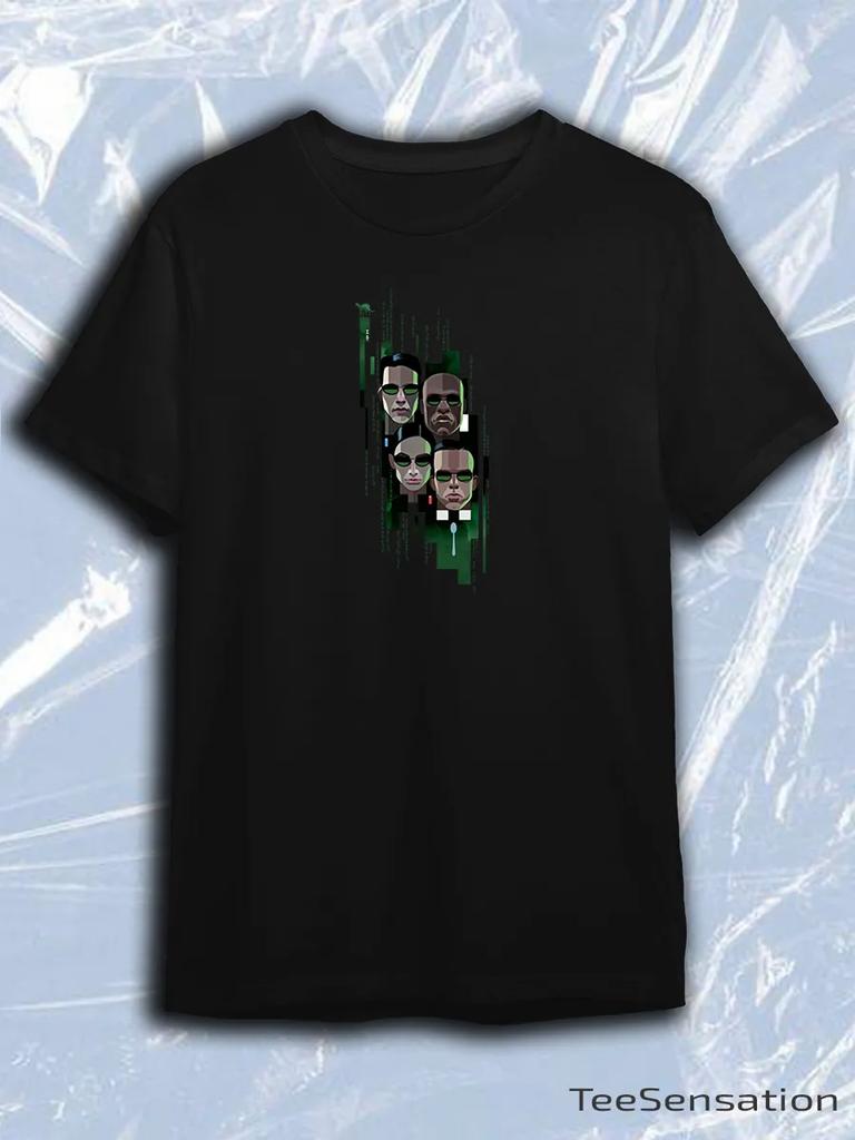 TeeSensation Black Crew Neck Short Sleeve T-Shirt with Matrix Characters Vector Art Print