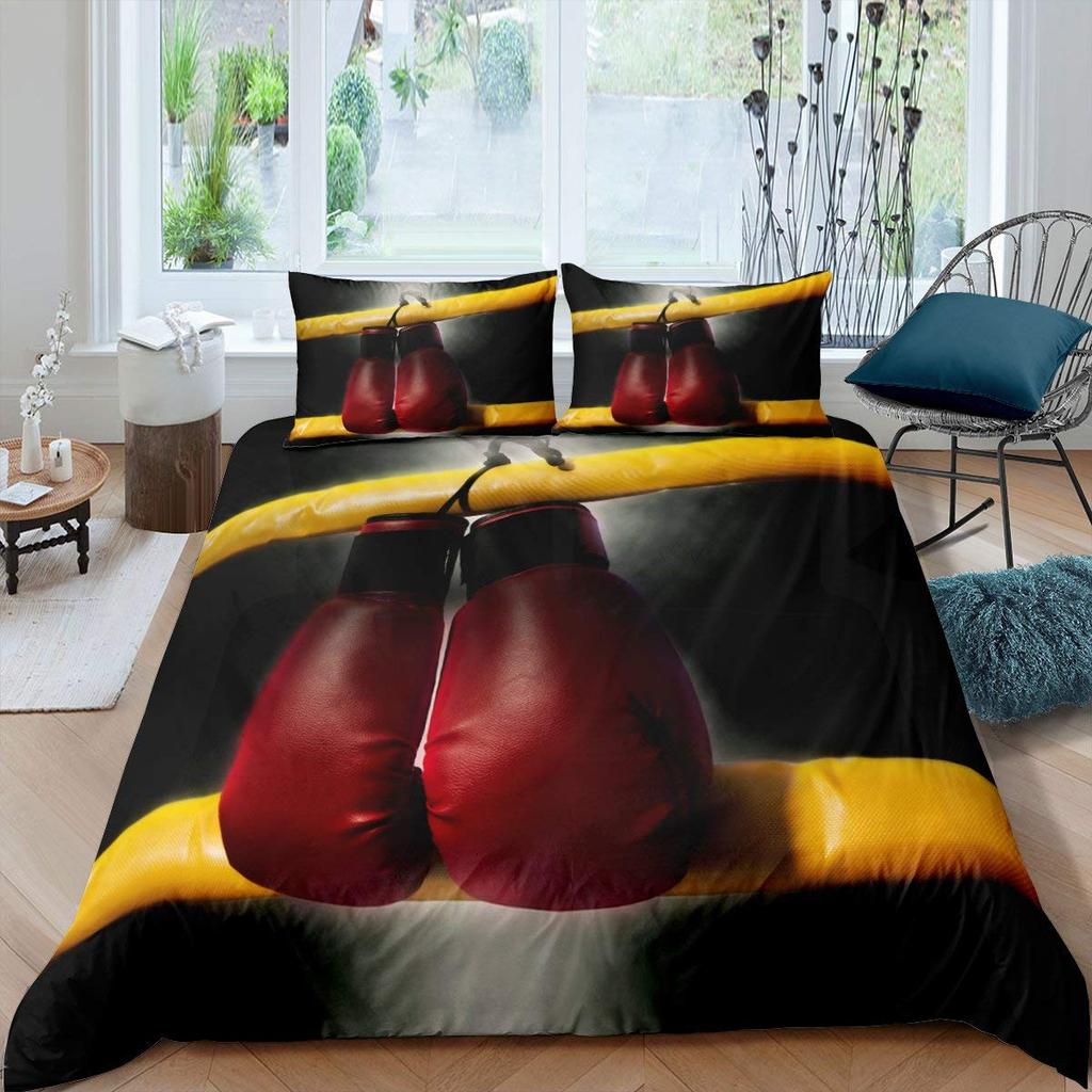 Boxing Soft Duvet Cover Twin Quen,Sports Game Theme Beding Set Boxing Gloves Comfortable Quilt Cover,Athlete Silhouete Patern Warm Comforter Cover