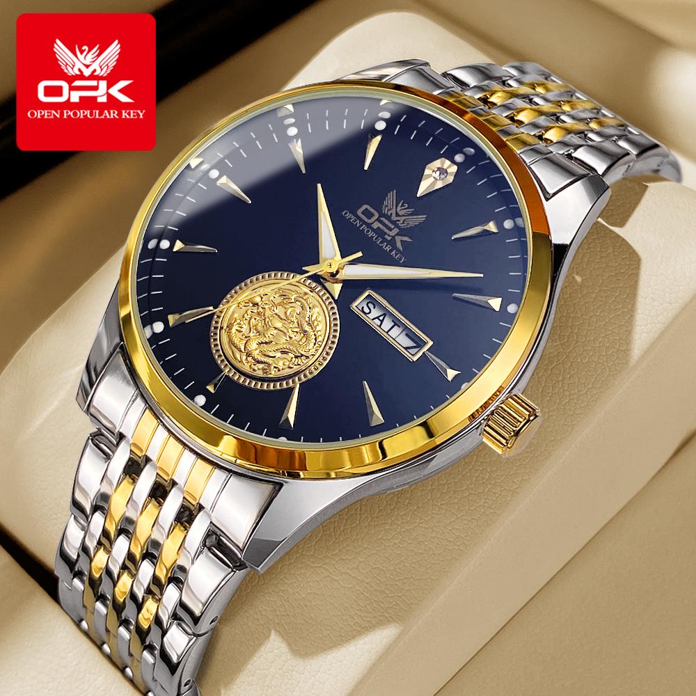 OPK 8150 Men's Dress Wristwatch Luxury Waterproof Luminous Dual Calendar Original Business Quartz Watch for Man