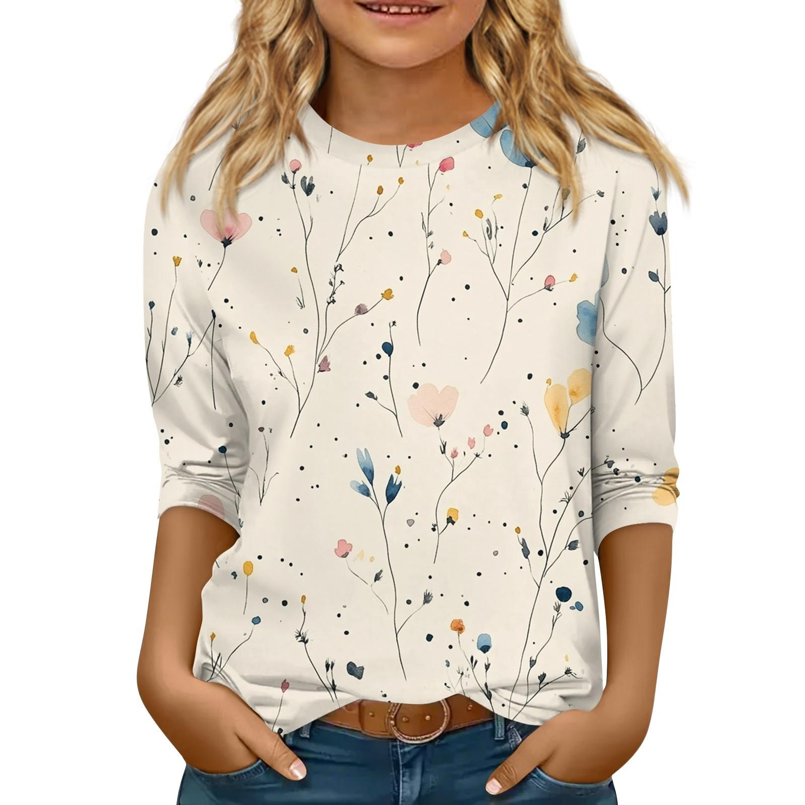 

Children s 3/4 Sleeve Tops Casual Print T Shirt Round Neck Pullover Blouse 160 бежевый