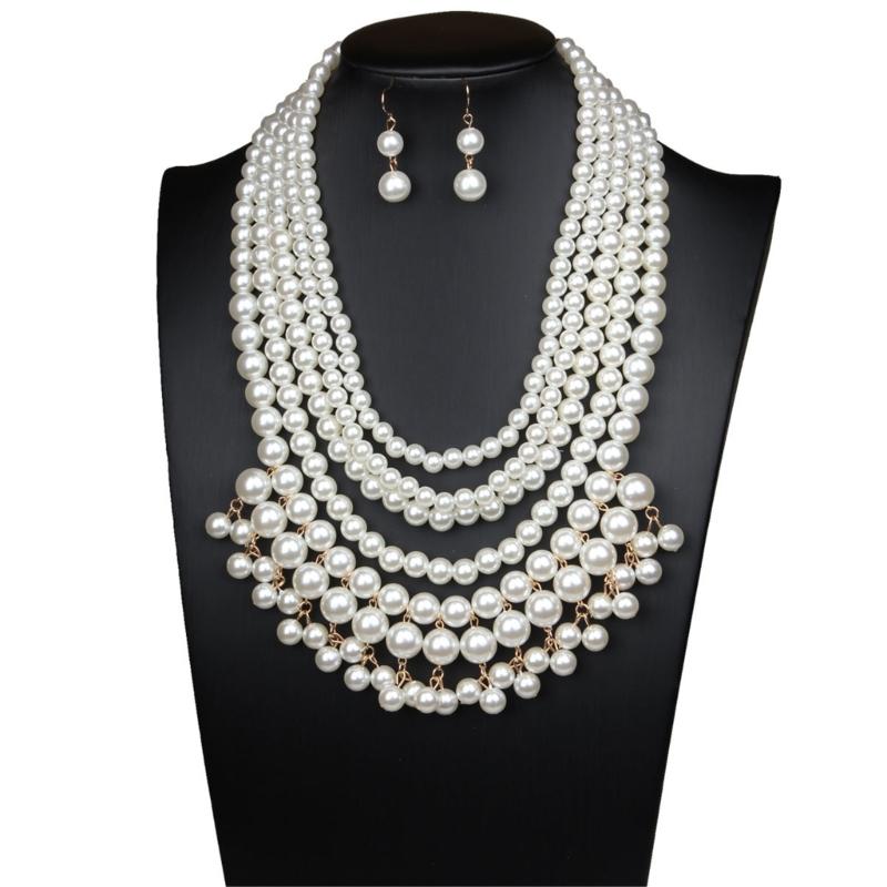 Simulated Pearls Necklace with Earrings Set Exaggerated Pearls Necklaces Present for Women Suitable for Any Occasion