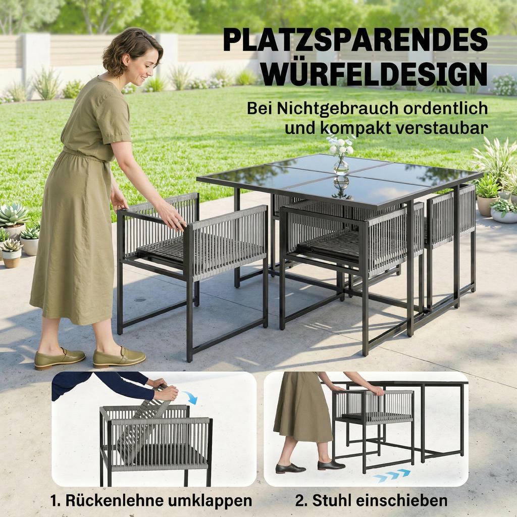 5 Pieces Garden Dining Set, Outdoor Patio Cube Set, 4 Seater Outdoor Table and Chairs with Foldable Backrest, Light Grey