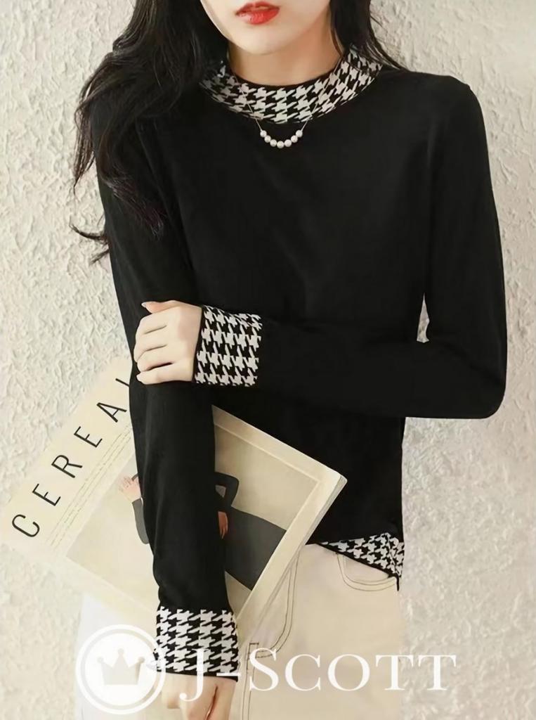 J-Scott Knit Top, Houndstooth Pattern, Mock Neck, Slim Fit, Monochrome, 1/4 Sleeves, Simple Black, JS104-BK-M (Limited Stock)