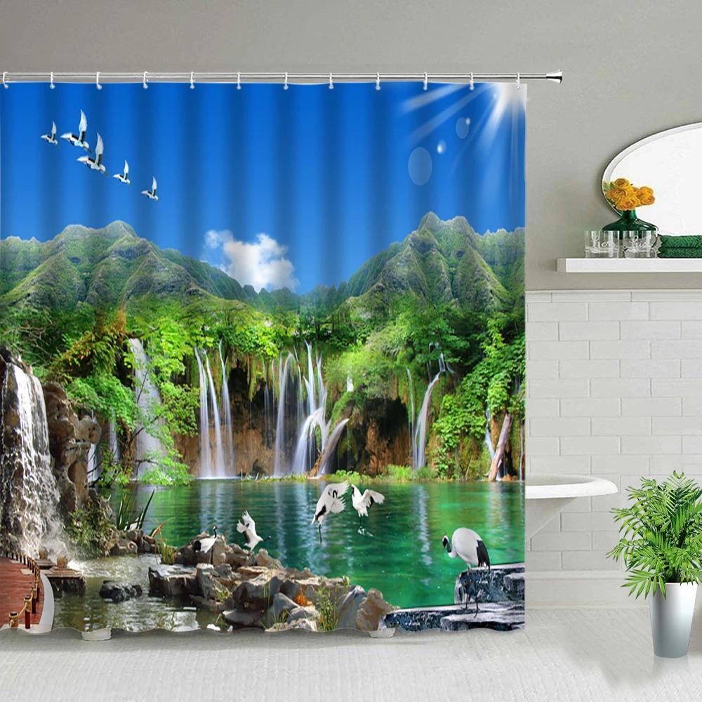 Natural Scenery Shower Curtain Set Waterfall Spring Landscape Home Bathtub Decor Waterproof Polyester Cloth Bathroom Curtains