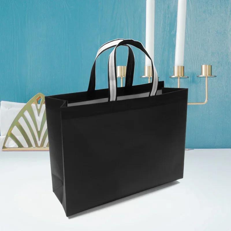 10PCS Rose Printing Packaging Shopping Bag Handle Waterproof Non Woven Fabric Gift Bags Black Clothing Store HandBag