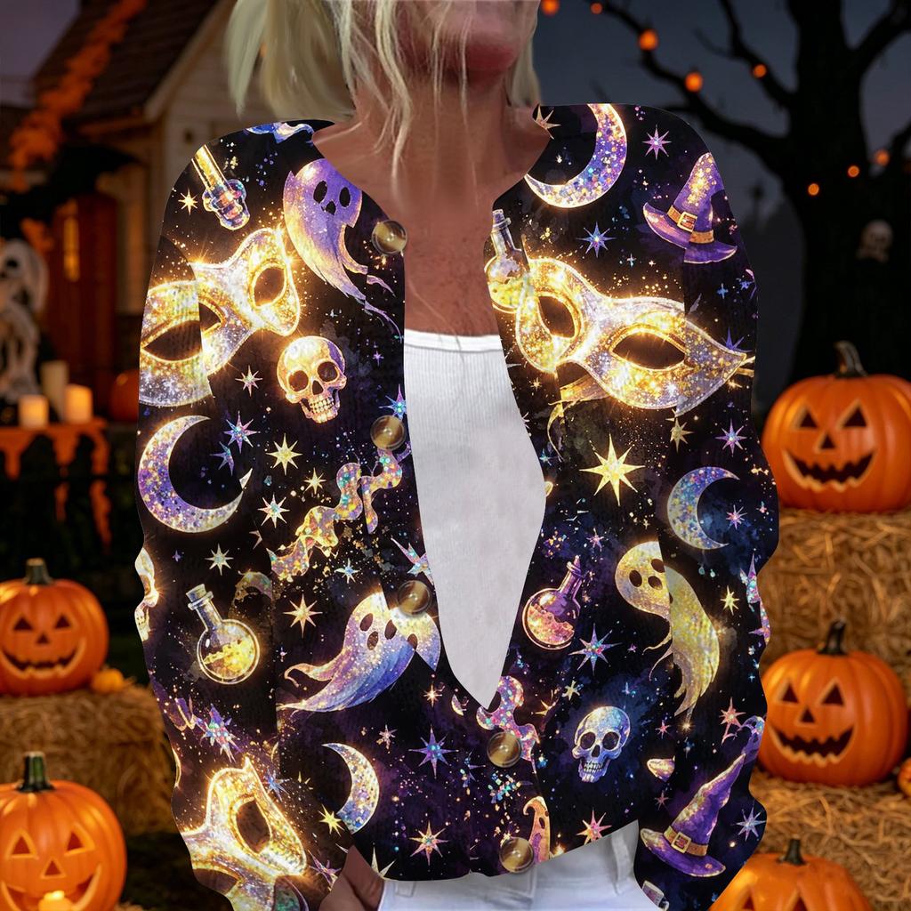 Damen Halloween Print Langarm Strickjacke Knopfleiste Pullover Leichte Lässige Oberbekleidung für Herbst und Winter