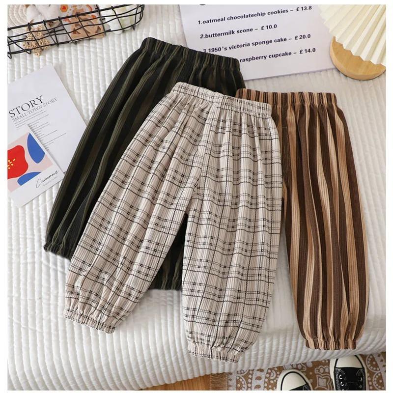 Summer Kids Casual Pants Simple Boys Grid Sweat Pants Korean Loose Thin Children Striped Letter Trousers