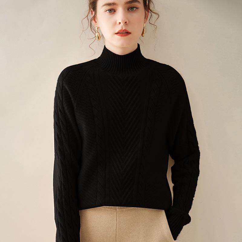 Women's Thickened Cashmere Sweater - Autumn/Winter, Half-High Neck, Twist Pattern Pullover, Casual Fashion.