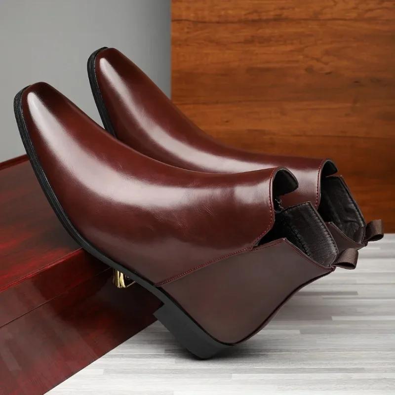 Large Size Chelsea Boots Men's Pointed Toe High Top British Style Mid-Calf Boots Rubber Bottom Polyurethane Leather Shoes
