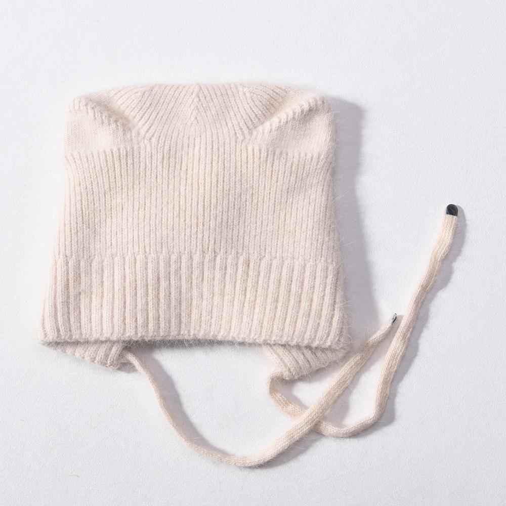 Solid color Angora long rabbit hair lace-up cat ear hat warm wool hat knitted hat windproof ear protection