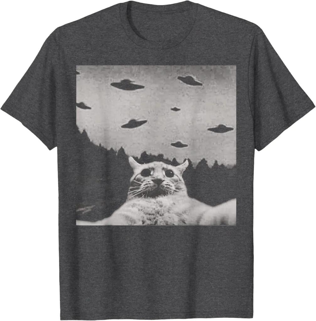 ThreadWeird Alien Cat UFO T-Shirt Classic Fit Round Neck Black Adult T Shirts for Women Harajuku Luxus Marken Playeras De