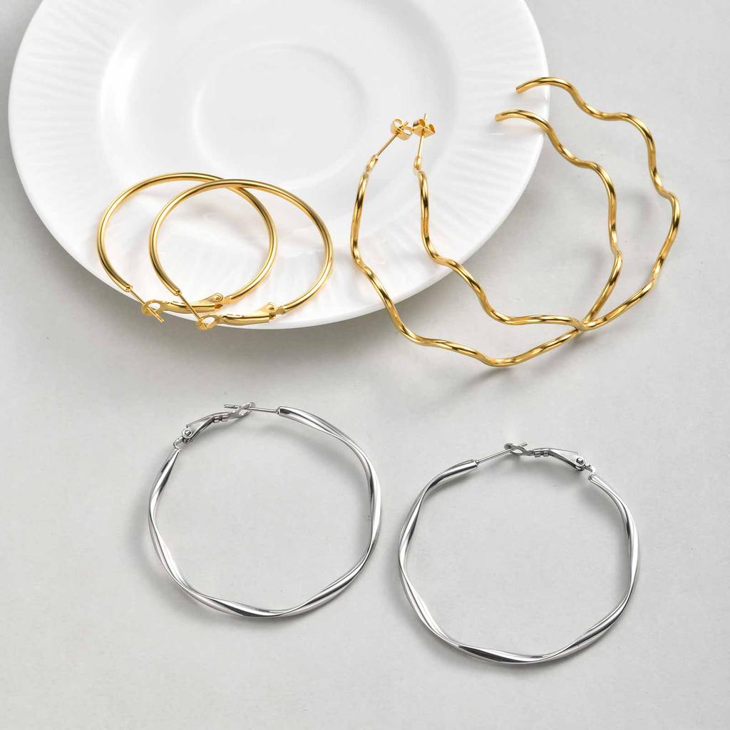Minimalist Stainless Steel Hoop Earrings for Women,18K Gold Plated Large Earrings Wave Shape Big Hoops,2026 New Fashion Jewelry