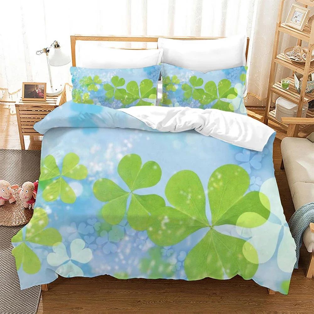 St. Patrick'S Day Duvet Cover Set Lucky Clovers Bedding Set Microfiber Green Four Leaves Clover Comforter Cover Twin Queen Size