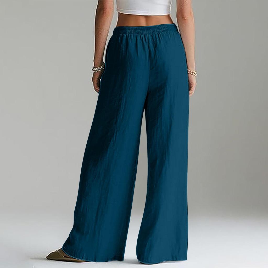 Women's Flowy Linen Wide-Leg Pants - Summer Beach Travel Wear with Elastic Waist & Pockets