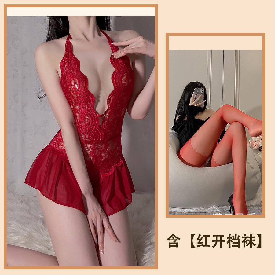 Sexy Lingerie Sexy Lace Uniform Temptation Hollow Open Onesie Women's Hot Pure Desire Pajama Set