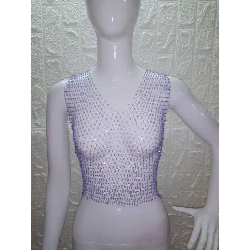 Mesh Rhinestone Top Sleeveless Vest V Neck T-shirt