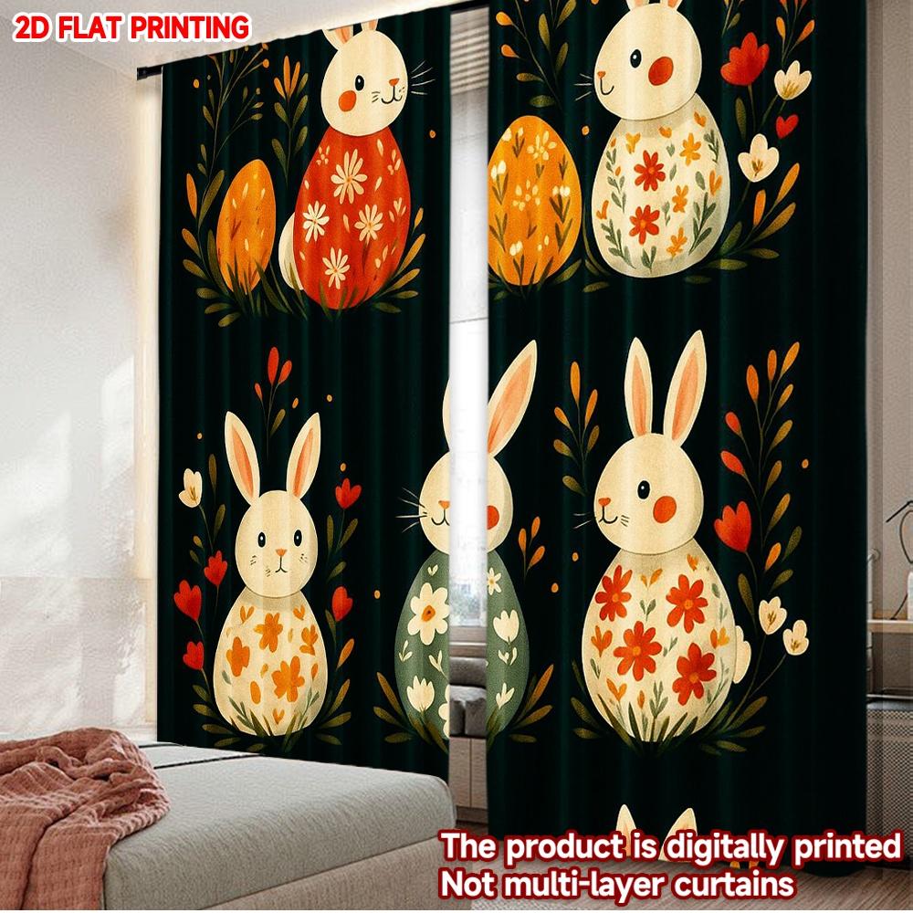 2D Flat Printing 2pcs Party Curtain Lovely Farmhouse Easter Eggs with Spring Digital Printed Polyester Drapes Party Decorations