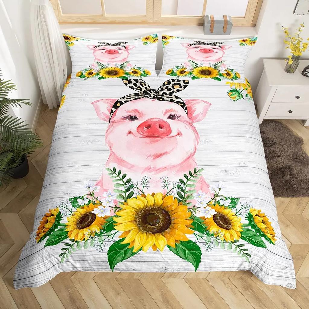 Cute Pig Duvet Cover Set For GirlsSunflowers Florals Comforter Cover Pink Grid Lattice Plaid Bedding Sets Quilt Cover Full Size