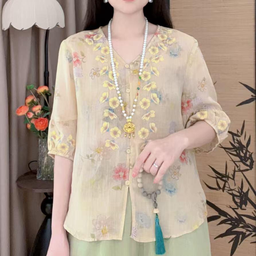1116 New Chinese style national style shirt women's new foreign style and thin versatile summer top antique style