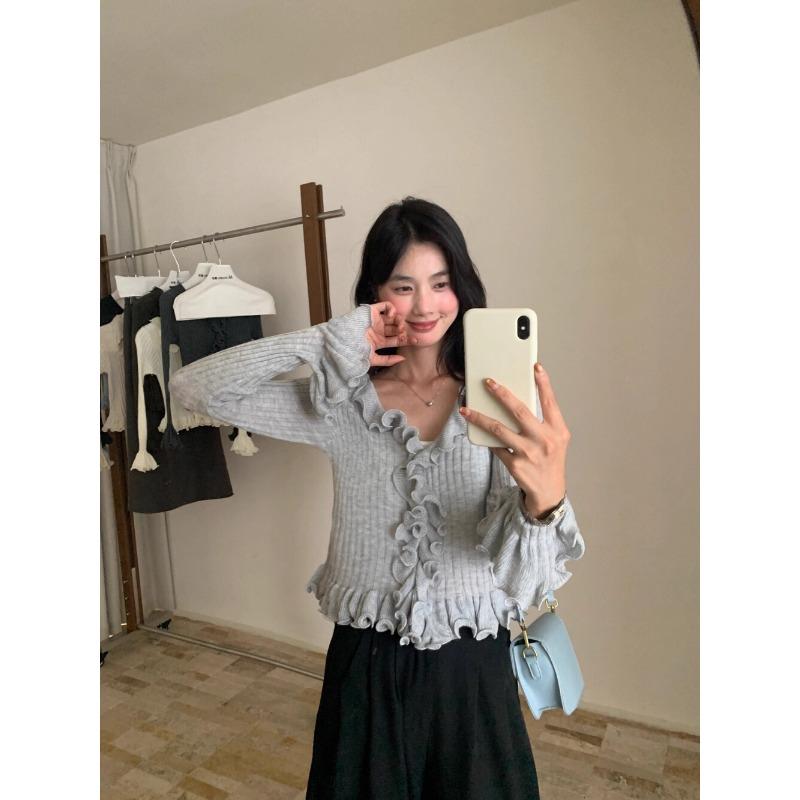 Pulover tricotat subțire cu dantelă ciupercă la modă, toamnă 2025 nou pulover de damă cu talie și decolteu în V 11950