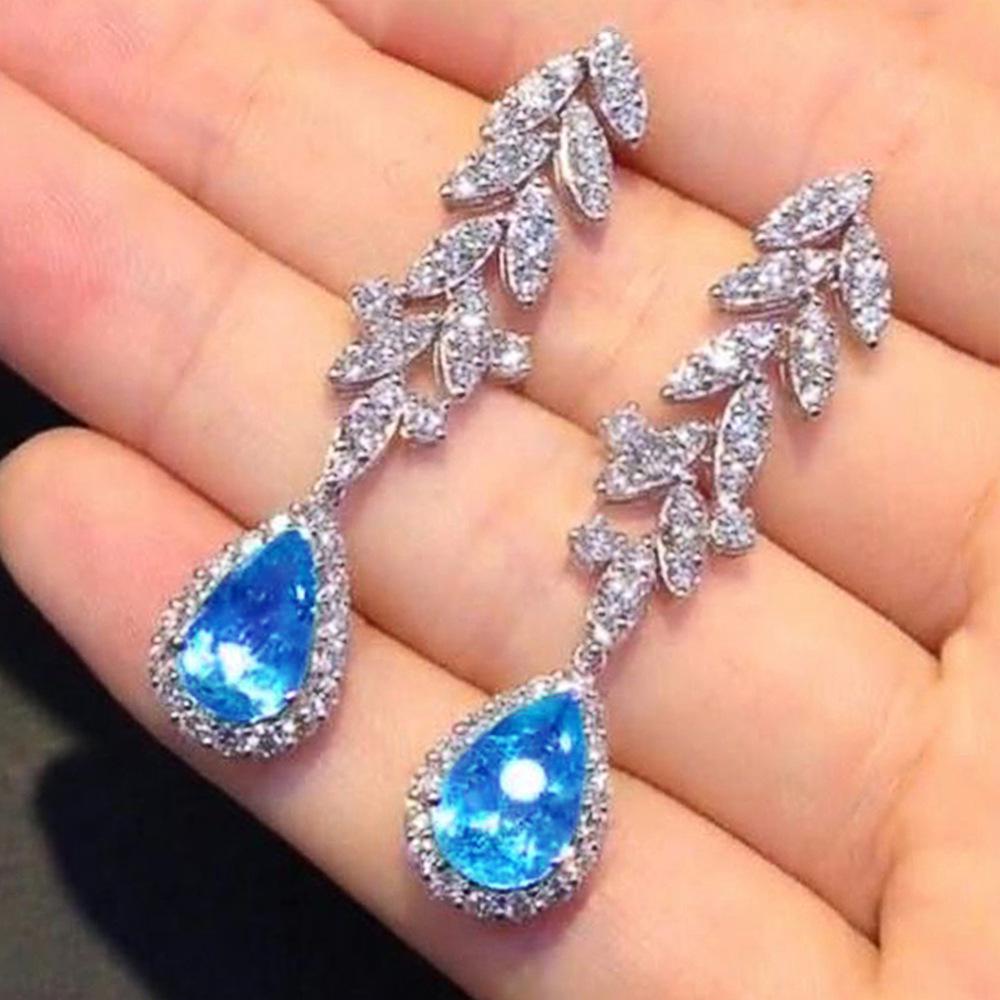 Cao Shi Exquisite French Design Sea Blue Zircon Water Drop Earrings - High-End Luxury Pear-Shaped Earrings